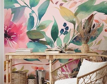 Watercolor floral and leaf wallpaper | Wall Decor | Home Renovation | Wall Art | Peel and Stick Or Non Self-Adhesive Vinyl Wallpaper