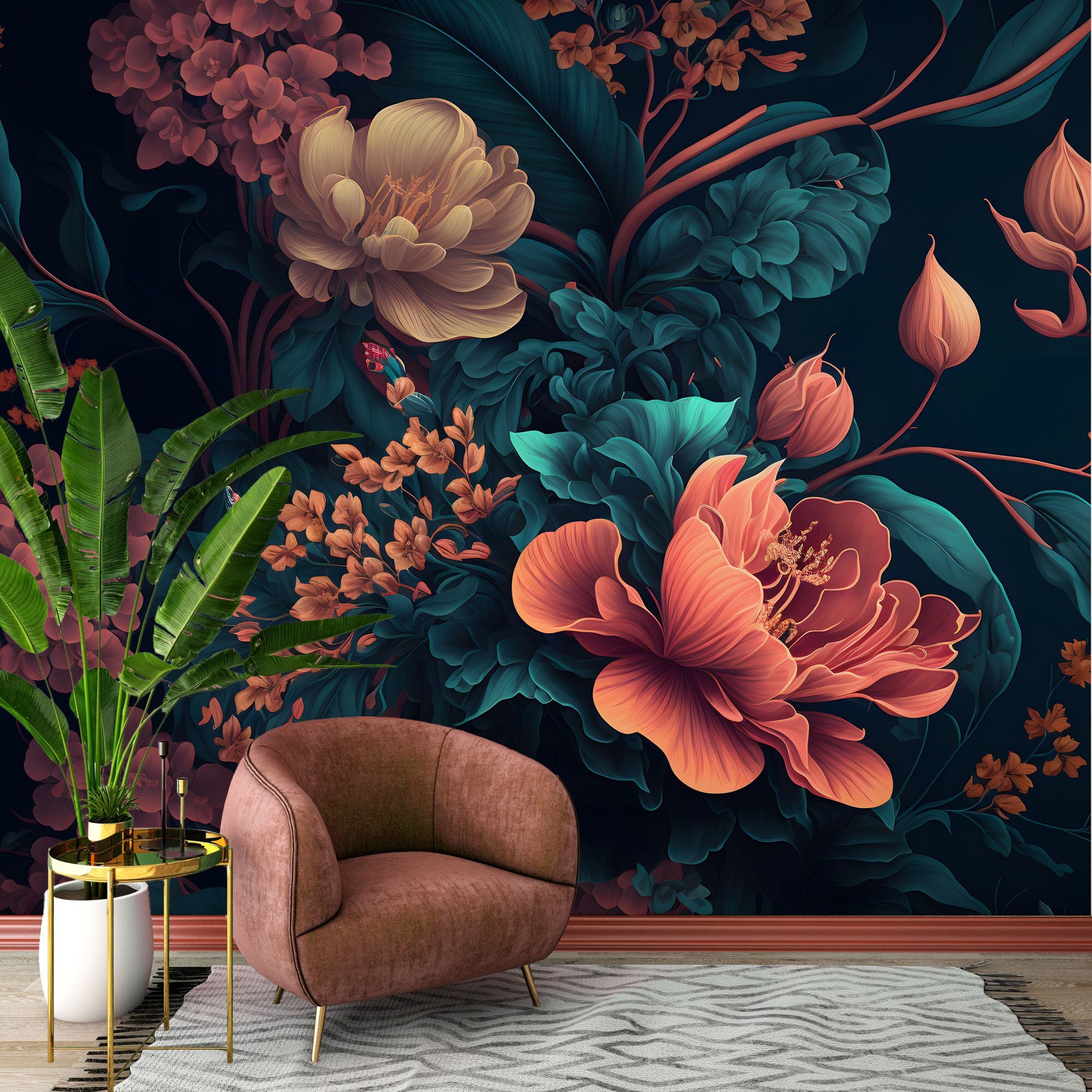 Dark floral wallpaper with flower and leaf | Wall Decor | Home Renovation | Wall Art | Peel and Stick Or Non Self-Adhesive Vinyl Wallpaper