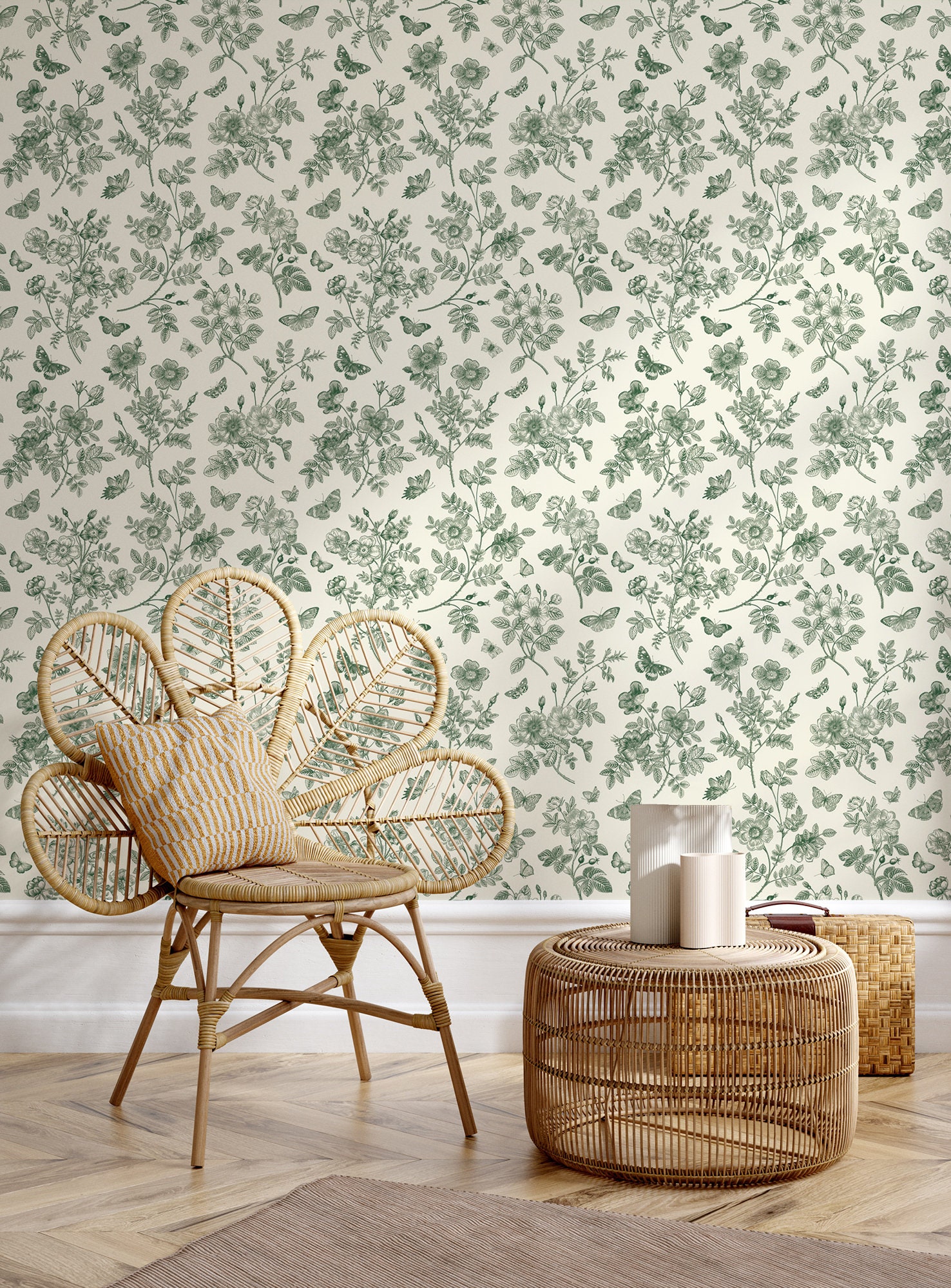 Butterfly & Flower Green Pattern Wallpaper | Wall Decor | Home ...