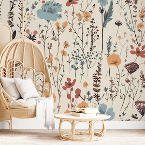 Bellissima carta da parati, erbe selvatiche e fiori / Decorazione da parete / Ristrutturazione della casa / Arte da parete / Carta da parati in vinile staccabile o non autoadesiva