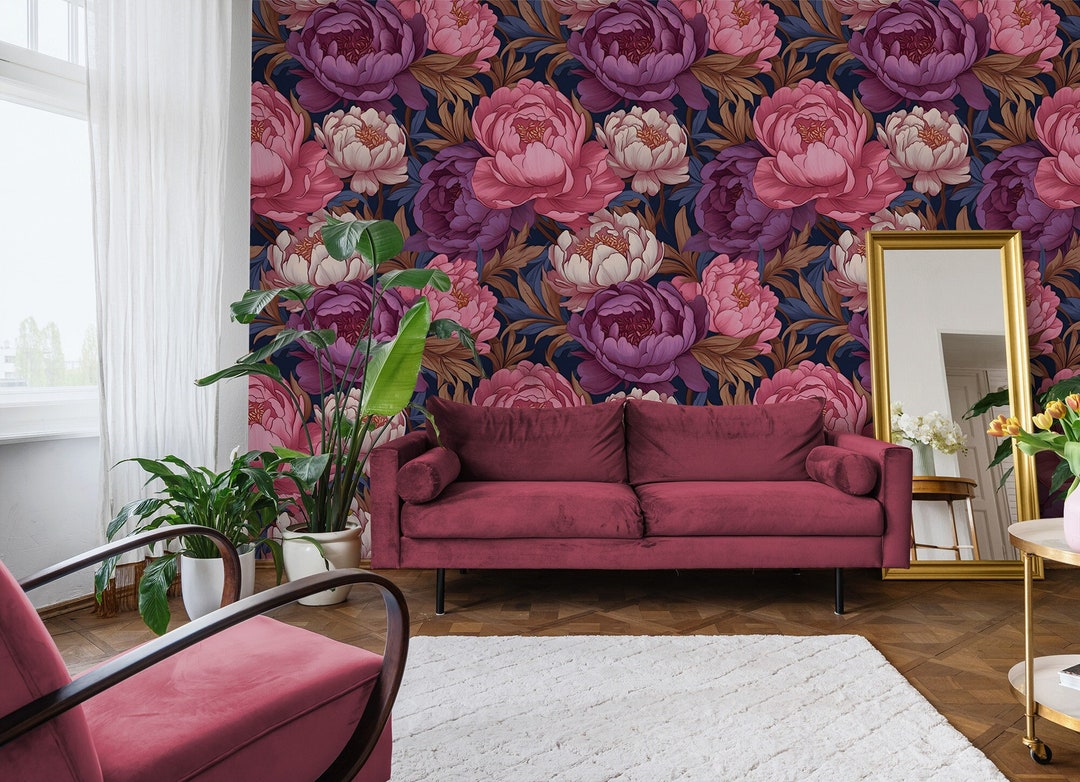 Buy Peony Flower Dark Wallpaper | Floral Wall Decor | Home Renovation ...
