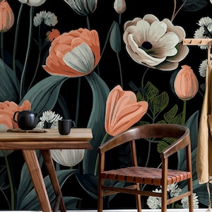 Dunkle Blumentapete, rote und weiße Blumen | Wanddekoration | Haus-Renovierung | Wandkunst | Schälen und kleben oder nicht selbstklebende Vinyltapete