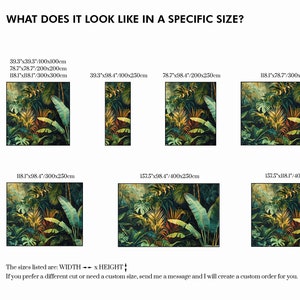 Peut inclure: Un guide visuel montrant &agrave; quoi ressemblerait un papier peint &agrave; motif de jungle tropicale dans diff&eacute;rentes tailles. Les tailles sont indiqu&eacute;es en pouces et en centim&egrave;tres. Les tailles indiqu&eacute;es sont&nbsp;: LARGEUR x HAUTEUR. Si vous pr&eacute;f&eacute;rez une d&eacute;coupe diff&eacute;rente ou si vous avez besoin d'une taille personnalis&eacute;e, envoyez-moi un message et je cr&eacute;erai une commande personnalis&eacute;e pour vous.