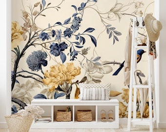 Blumen Garten Wandbild, Vogel Tapete | Wanddekoration | Haus-Renovierung | Wandkunst | Schälen und kleben oder nicht selbstklebende Vinyltapete