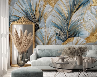 Gemalte Blätter Nicht Gold Tapete | Art Deco Wandbild | Haus-Renovierung | Wandkunst | Peel & Stick oder nicht selbstklebende Vinyltapete
