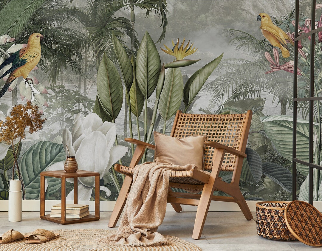 Tropical Wallpaper With Bird, Tree & Leaf | Botanical Wall Decor | Wall ...