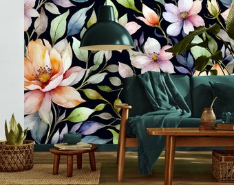 Colorful wall mural, floral wallpaper | Wall Decor | Home Renovation | Wall Art | Peel and Stick Or Non Self-Adhesive Vinyl Wallpaper