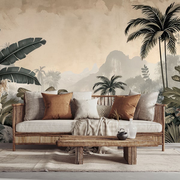 Palm tree jungle vintage beige & green mural | Wall Decor | Home Renovation | Wall Art | Peel and Stick Or Non Self-Adhesive Vinyl Wallpaper