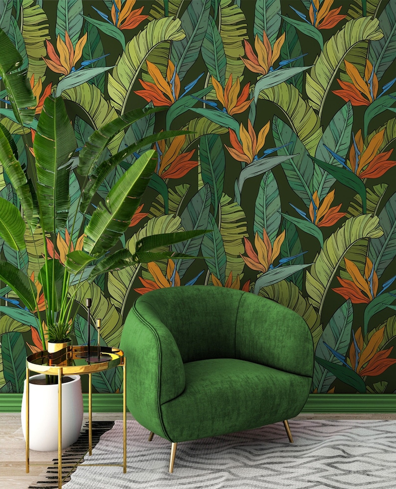 Tropical Wallpaper With Bird of Paradise Flower | Floral Wall Decor ...