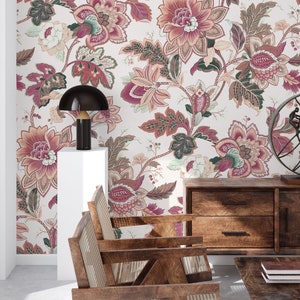 Carta da parati con fiori e foglie, motivo indiano / Decorazione della parete / Ristrutturazione della casa / Arte della parete / Carta da parati in vinile staccabile o non autoadesiva