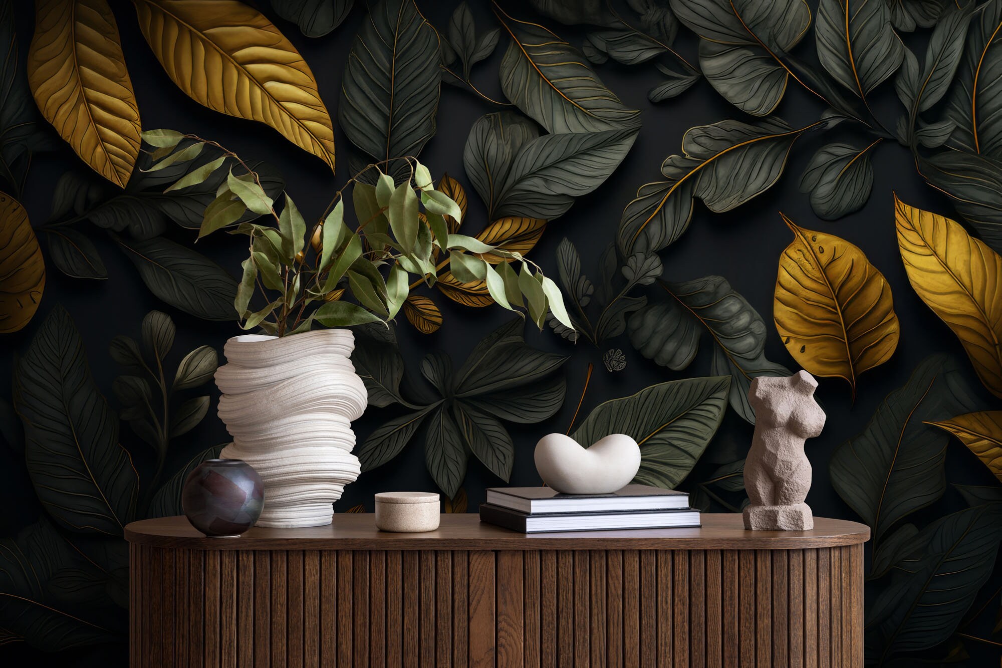 Tropical Leaf Wallpaper, Dark Background | Wall Decor | Home Renovation ...