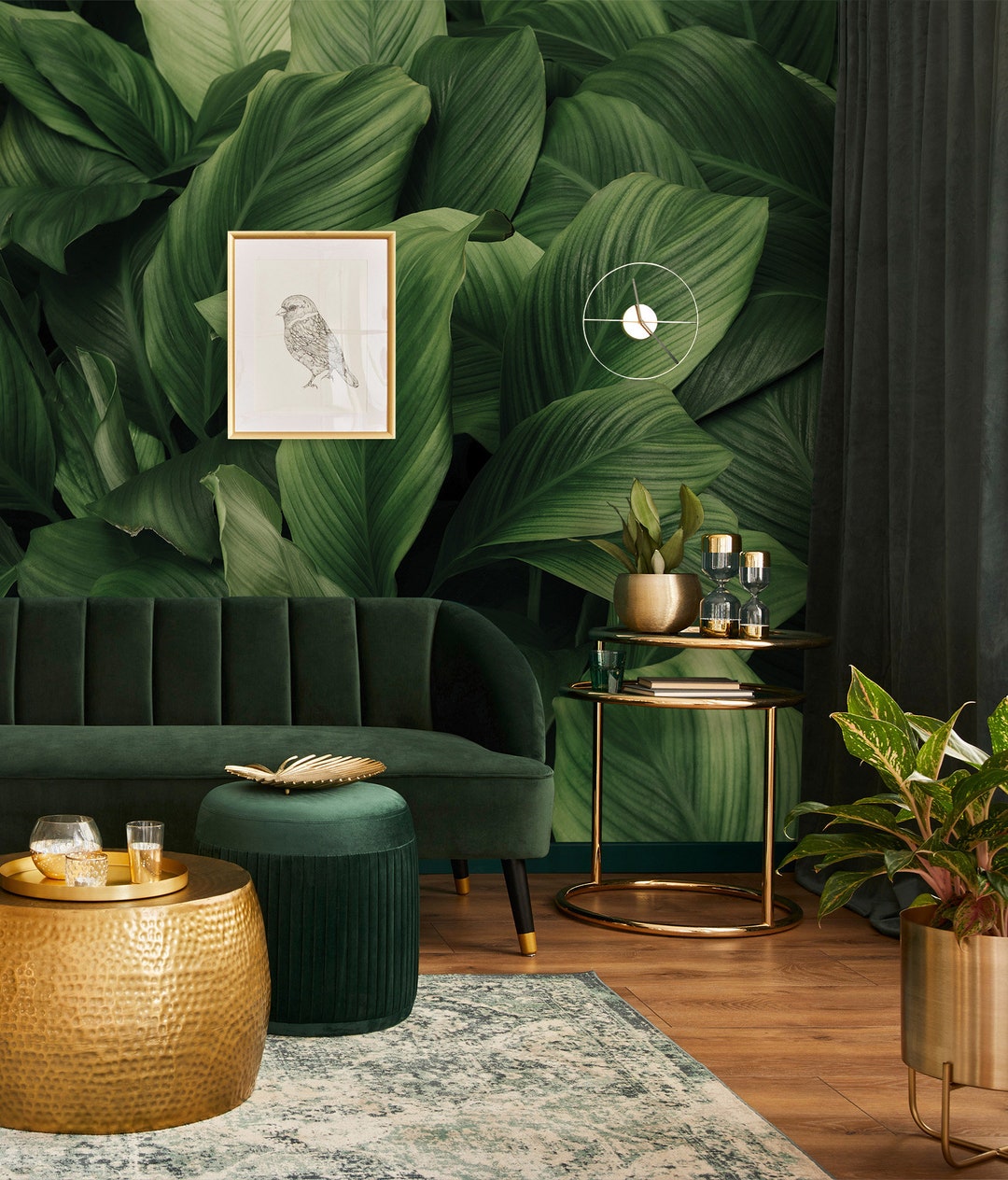 Image showcasing Dark Green Leaves Wallpaper | Botanical Wall Decor | Home Renovation ...