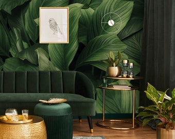 Dunkelgrüne Blätter Tapete | Botanische Wanddekoration | Haus-Renovierung | Wandkunst | Schälen und kleben oder nicht selbstklebende Vinyltapete
