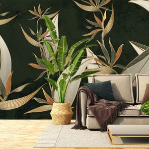 Luxuriöse dunkle Tapete, Paradiesblume | Wanddekoration | Haus-Renovierung | Wandkunst | Schälen und kleben oder nicht selbstklebende Vinyltapete