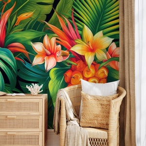Carta da parati tropicale colorata, murale della giungla / Decorazione della parete / Ristrutturazione della casa / Arte della parete / Carta da parati staccabile o non autoadesiva in vinile