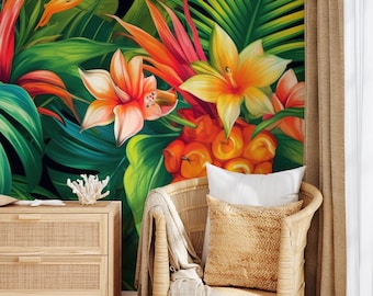 Bunte tropische Tapete, Dschungel Wandbild | Wanddekoration | Haus-Renovierung | Wandkunst | Schälen und kleben oder nicht selbstklebende Vinyltapete