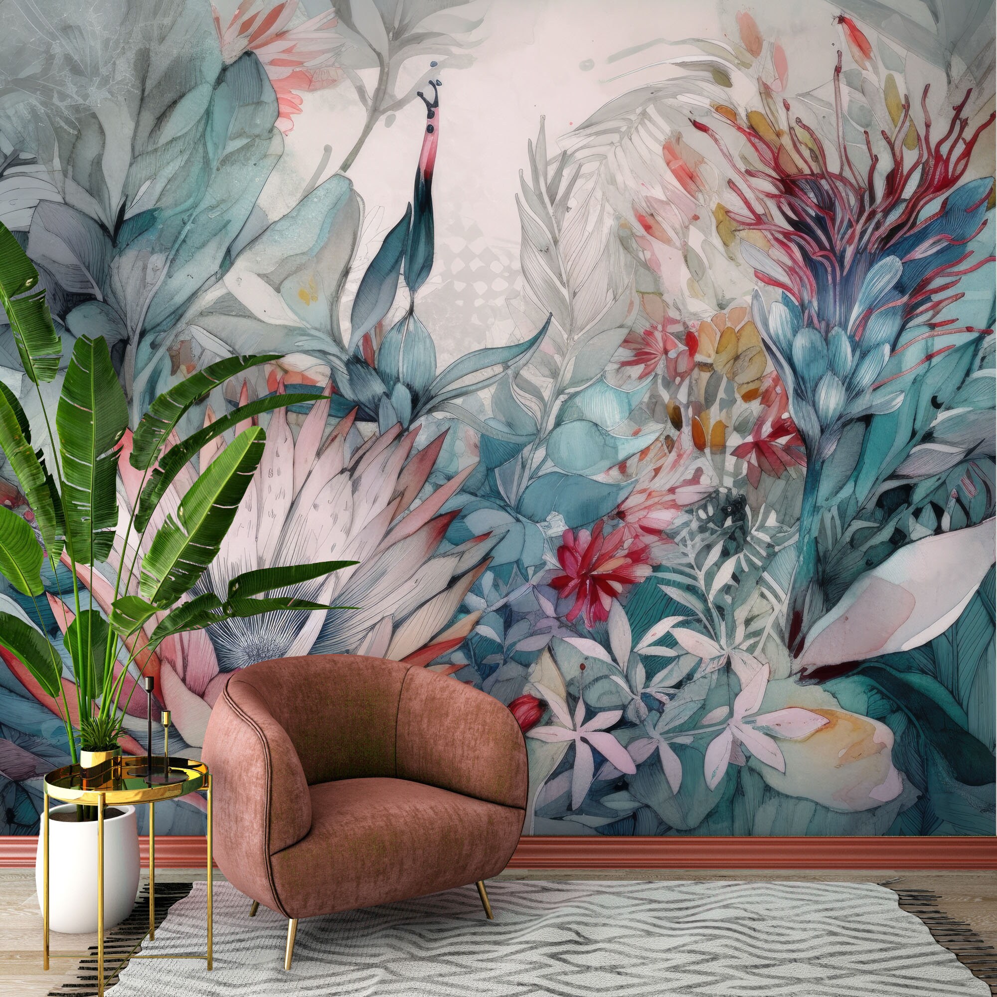 Vintage Wallpaper, Tropical Botanical Flower | Wall Decor | Home ...