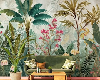 Papier peint paysage tropical avec feuille de palmier | Décoration murale | Rénovation domiciliaire | Art mural | Papier peint autocollant ou en vinyle non autocollant