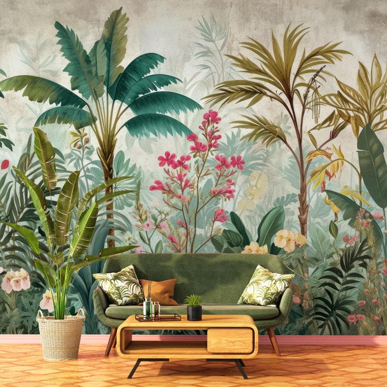 Tropische Landschaftstapete mit Palmenblättern Wanddekoration Haus-Renovierung Wandkunst Schälen und kleben oder nicht selbstklebende Vinyltapete Bild 1