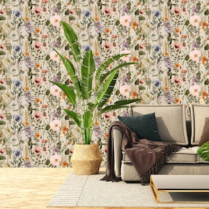 Beige botanisches Vintage Blumenwandbild Wanddekoration Haus-Renovierung Wandkunst Schälen und kleben oder nicht selbstklebende Vinyltapete Bild 4