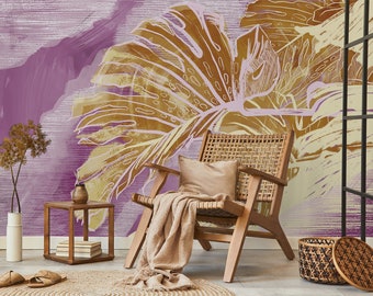 Rosa & Braune Monstera Blatt abstrakte Tapete | Tropisches Wanddekor | Wandkunst | Schälen und kleben oder nicht selbstklebende Vinyltapete