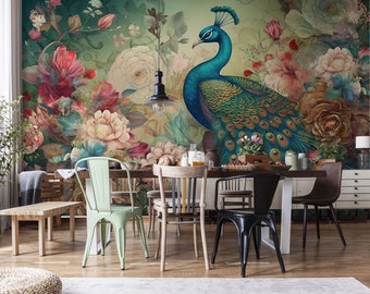 Pfau und Blumen Tapete, Wandbild | Wanddekoration | Haus-Renovierung | Wandkunst | Schälen und kleben oder nicht selbstklebende Vinyltapete