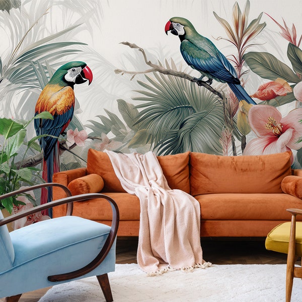 Tropische Tapete mit Papageien | Exotische Wanddekoration | Haus-Renovierung | Wandkunst | Schälen und kleben oder nicht selbstklebende Vinyltapete