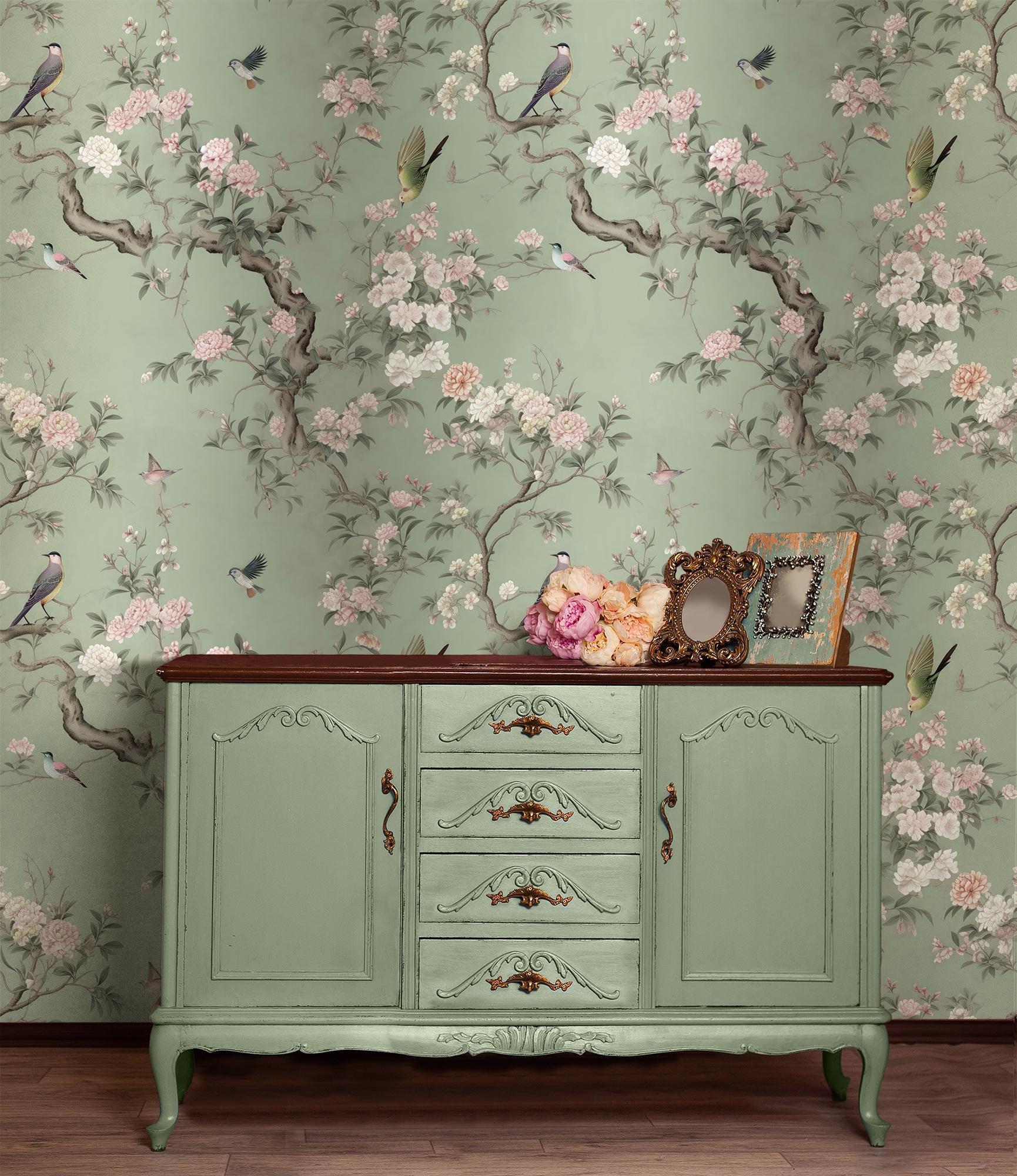 Bird and peony flower wallpaper | Floral Wall Decor | Home Renovation | Wall Art | Peel and Stick Or Non Self-Adhesive Vinyl Wallpaper