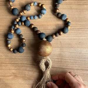 Handmade Wooden Bead Garland with Jute Tassel – Boho Rustic Farmhouse Decor for Fall Mantel, Coffee Table, Tiered Tray Styling