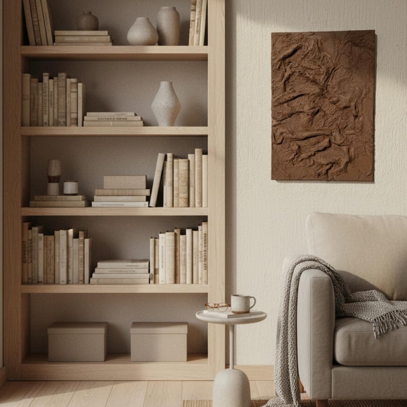 May include: A wooden bookcase filled with books and vases. A brown textured artwork hangs on the wall. A small side table with a mug and a sofa with a blanket complete the room.