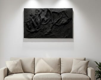 Arte mural wabi sabi con textura negra, escultura de yeso grande hecha a mano, decoración minimalista de pared japonesa.