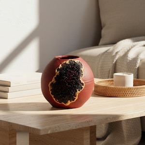May include: A maroon-colored, round vase with a large, irregular opening filled with black and red textured material. The opening is outlined with a gold-colored trim. The vase is sitting on a light-colored table.