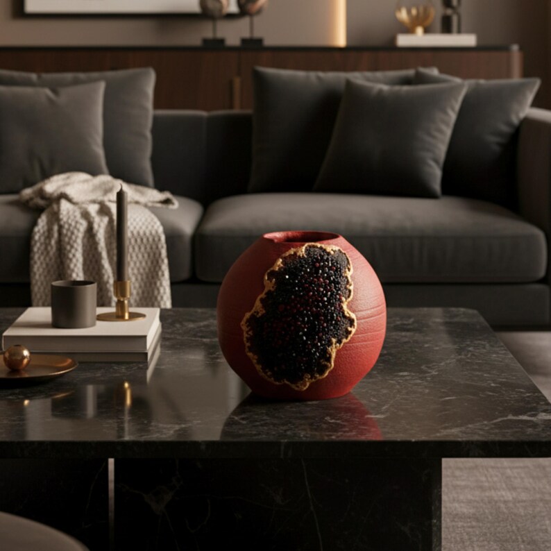 May include: A red ceramic vase with a unique design. The vase features a large, irregular opening filled with black, textured material, framed by a gold-colored border. The vase sits on a dark, marble-like surface.
