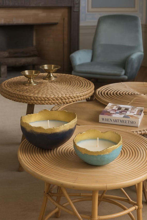 Handmade Wabi Sabi Bowl, Gold Glam Home Decor, Rustic Textured Candle Bowl, Shelf Styling Decor