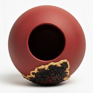 May include: A spherical, red ceramic vase with a large circular opening. The base features a textured black and red design with gold accents. The vase is a decorative item.