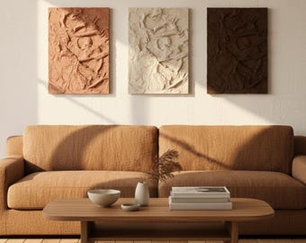 Earthy Textured Wabi Sabi Art Set, Handmade Baige Plaster Sculpture, Japandi Terracotta Wall Decor