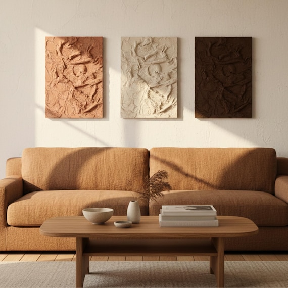 Earthy Textured Wabi Sabi Art Set, Handmade Baige Plaster Sculpture, Japandi Terracotta Wall Decor