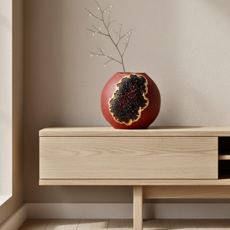 May include: A round, red decorative vase with a gold-edged, textured black and red center. A slender, twig-like stem with small white buds extends from the vase. The vase sits on a light-colored wooden cabinet.