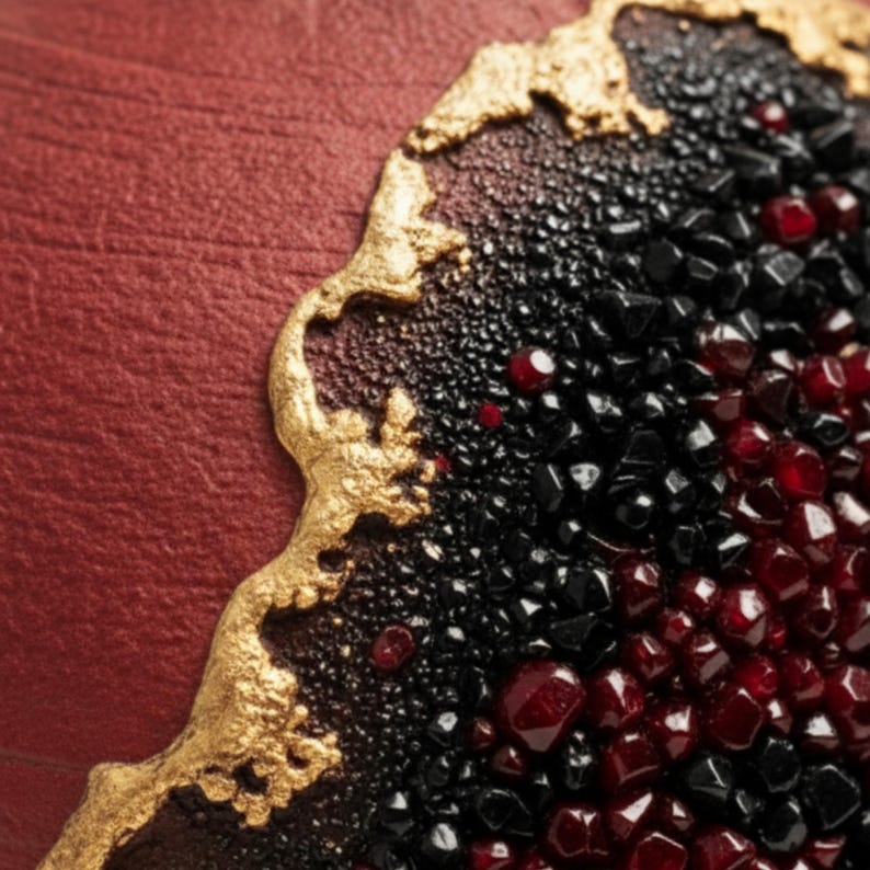May include: Close-up of a textured surface with a gold, black, and red design. The design features a gold border with a mix of black and red jewel-like elements. The background is a deep red color.