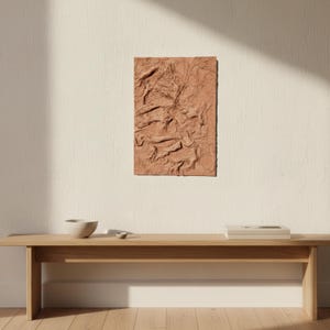 May include: A rectangular, terracotta-coloured wall art piece with a textured, abstract design. The artwork is mounted on a cream-coloured wall. A wooden bench with a small bowl and a book is in the foreground.