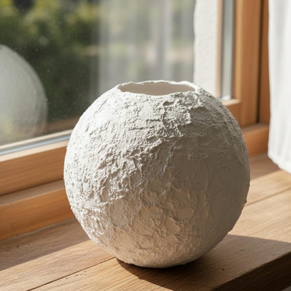 White Sculptural Vase – Handmade Wabi Sabi Textured Vessel,  Scandinavian Minimal Shelf Decor