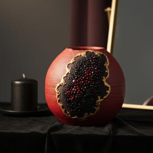 May include: A round, red decorative vase with a textured surface. The vase features a gold-edged, dark-colored, textured design. A black candle sits on a black plate to the left of the vase. The background is dark.
