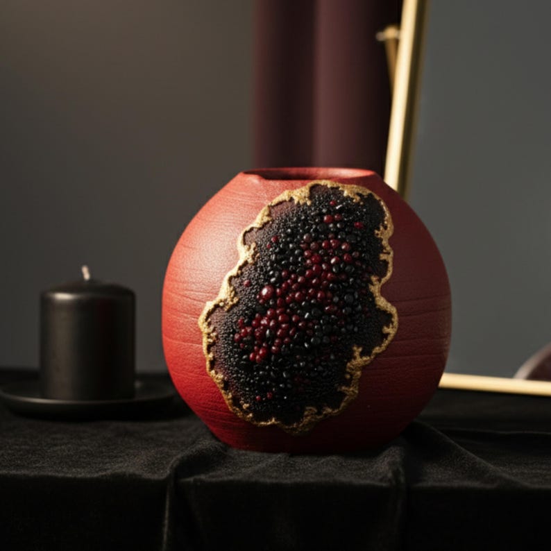 May include: A round, red decorative vase with a textured surface. The vase features a gold-edged, dark-colored, textured design. A black candle sits on a black plate to the left of the vase. The background is dark.
