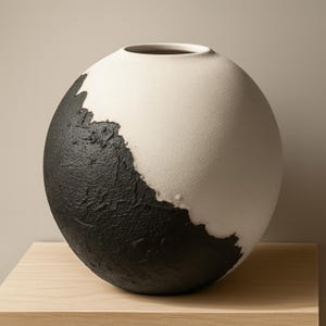 May include: A spherical ceramic vase with a two-tone design. The top half is matte white, the bottom half is textured black. The vase has a small opening at the top and sits on a wooden surface. Home decor.