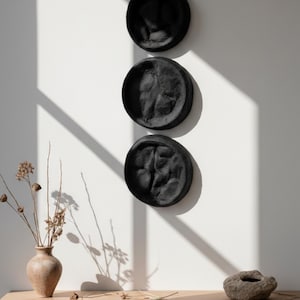 Wabi Sabi Wall Sculpture Set, Textured Black Round Art, Japandi Minimalist Decor image 1