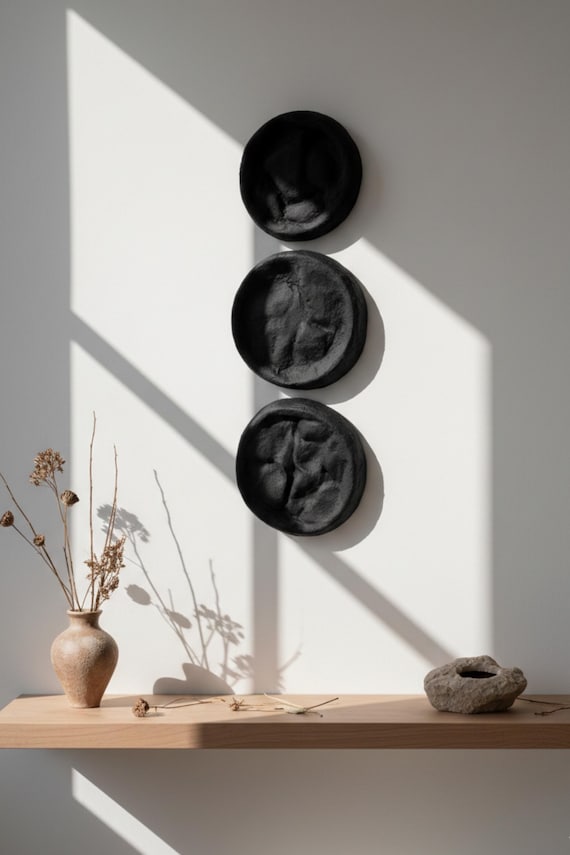 Wabi Sabi Wall Sculpture Set,  Textured Black Round Art, Japandi Minimalist Decor