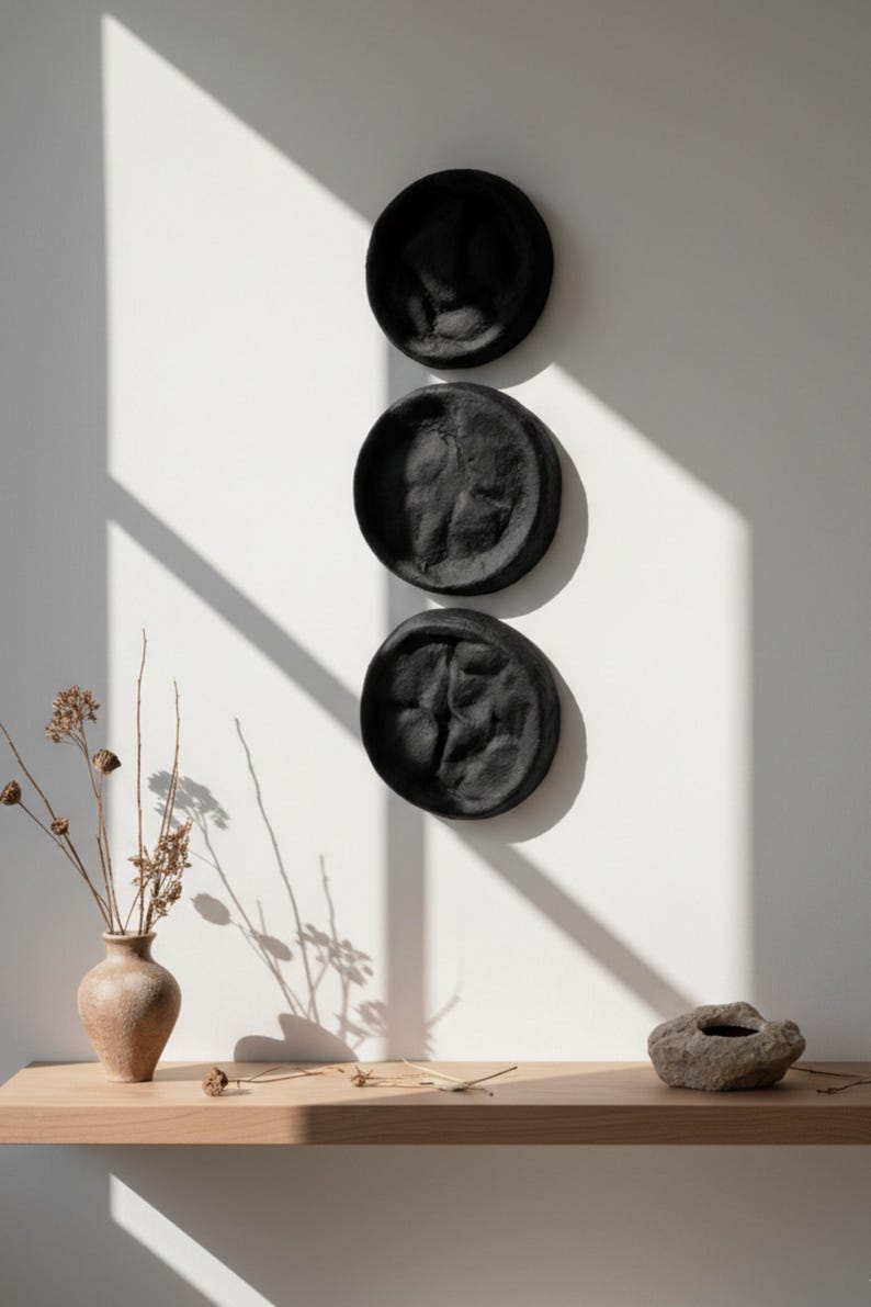 Wabi Sabi Wall Sculpture Set, Textured Black Round Art, Japandi Minimalist Decor image 1