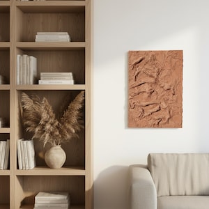 May include: A terracotta-coloured, rectangular textured wall art piece. The artwork features a raised, organic design, reminiscent of a topographical map or abstract landscape. It's mounted on a white wall, adding a modern touch to the room's decor.