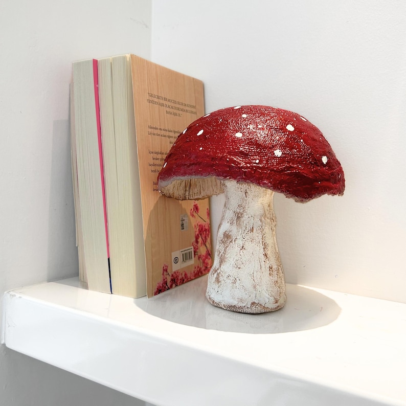 Handmade Red Mushroom Decor - Fairycore Paper Mache Ornament, Fall Shelf Styling Decor, Mushroom Lover Gift image 2