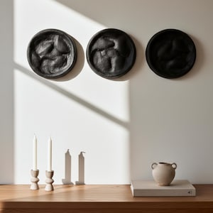 Wabi Sabi Wall Sculpture Set, Textured Black Round Art, Japandi Minimalist Decor image 2